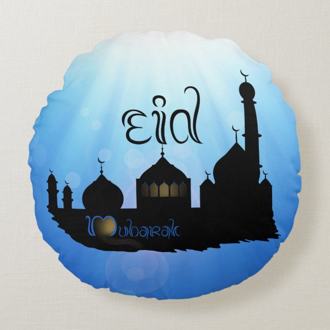 Eid Mubarak Mosque with Typography Round Pillow (Front)