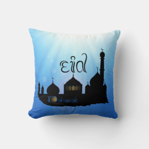 Eid Mubarak Mosque with Typography Throw Pillow