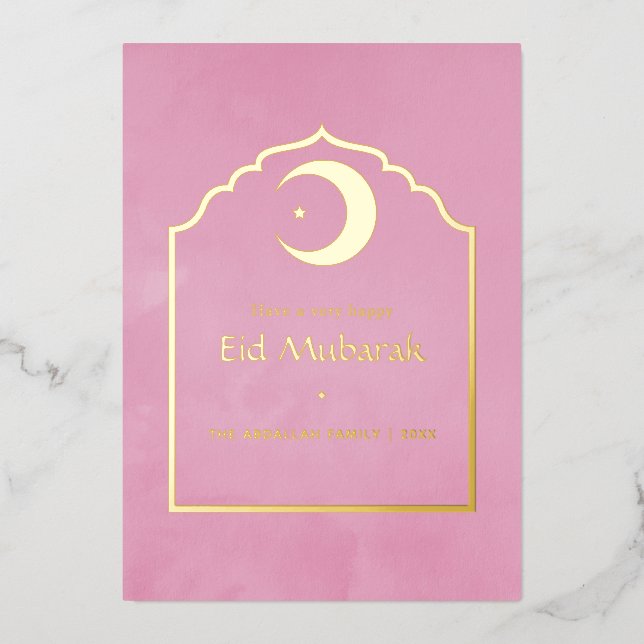 Eid Mubarak Pink and Gold Foil Holiday Card (Front)