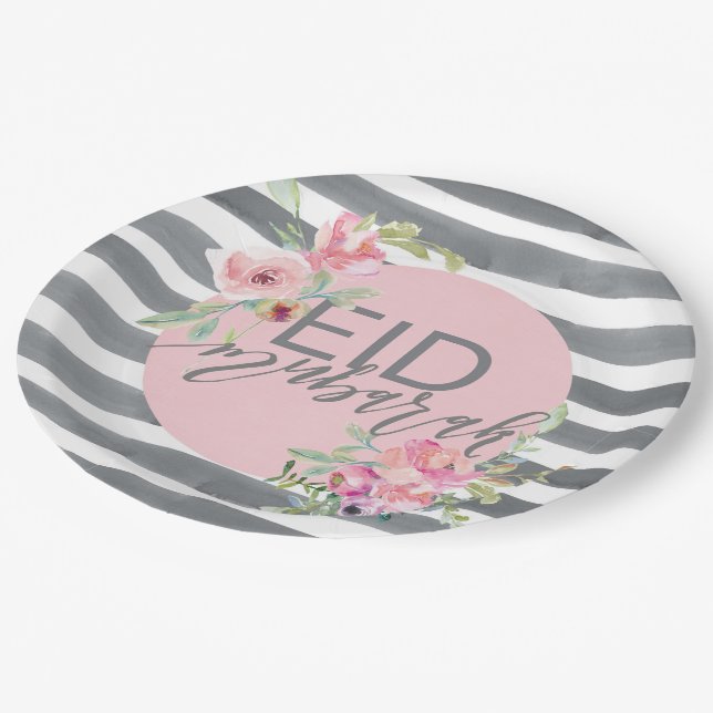 Eid Mubarak Pink & Grey Floral Paper Plate (Angled)