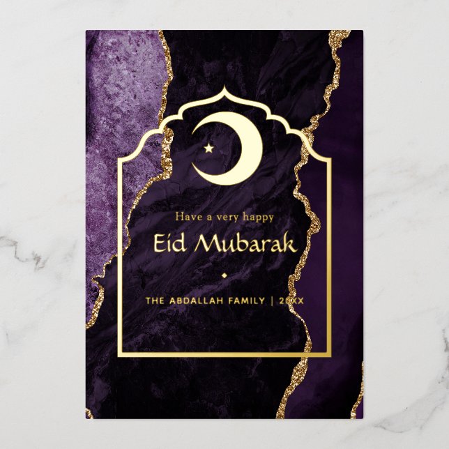 Eid Mubarak Purple and Gold Agate Foil Holiday Car (Front)