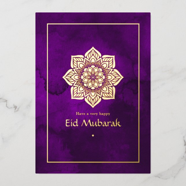 Eid Mubarak Purple and Gold Foil Holiday Card (Front)