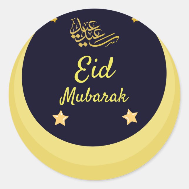 Eid Mubarak | Ramadan  Gold Crescent  Stars Black  Classic Round Sticker (Front)