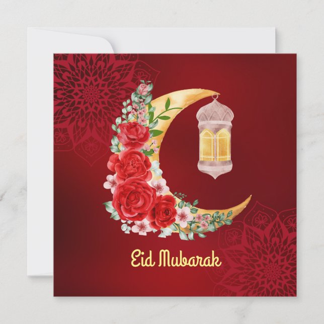 Eid Mubarak | Ramadan Kareem Floral Cresent Moon Holiday Card (Front)