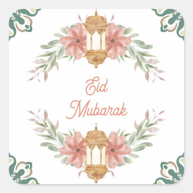 Eid Mubarak |Ramadan Mubarak  Flowers Wreath Lamp  Square Sticker (Front)