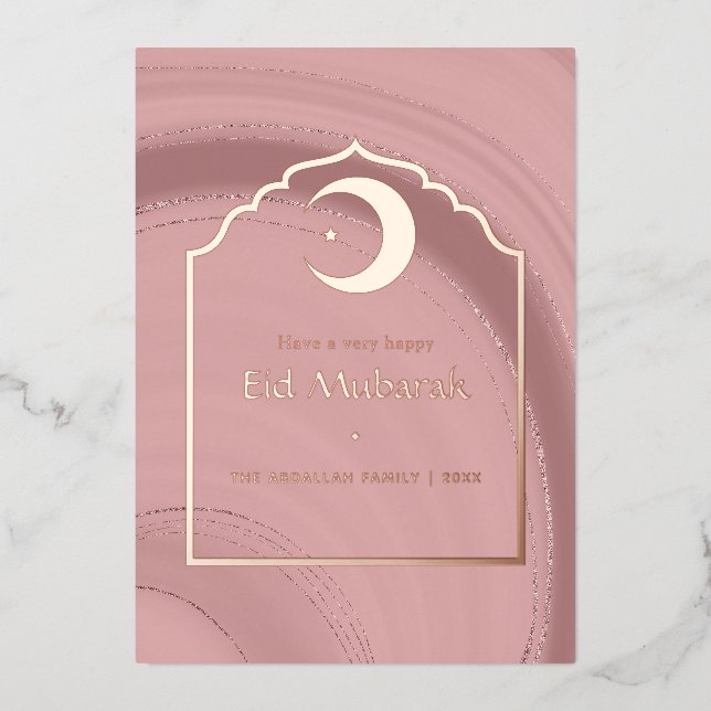 Eid Mubarak Rose Gold and Blush Pink Agate Foil Ho Foil Holiday Card (Front)