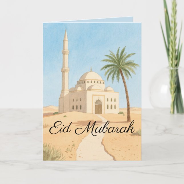 Eid Mubarak Simple Watercolor Mosque Palm Tree  Card (Front)