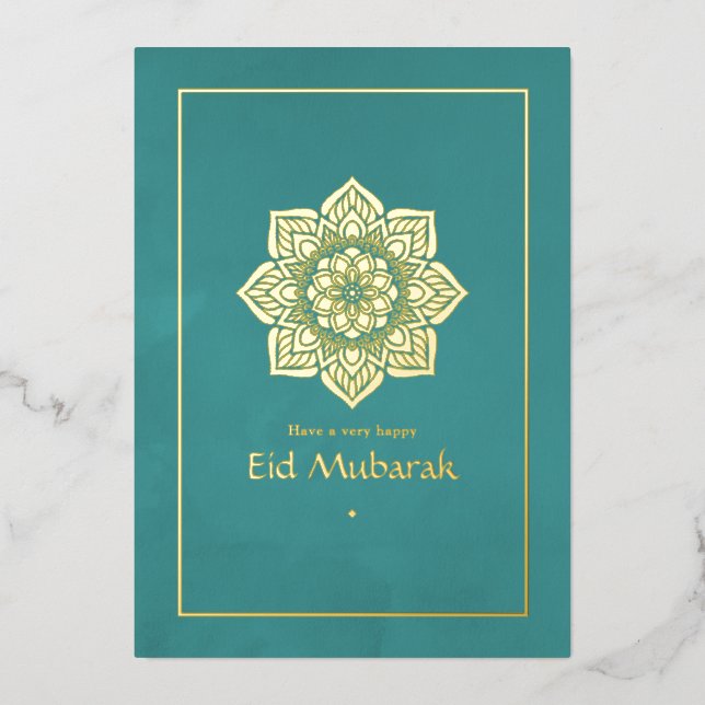 Eid Mubarak Teal and Gold Foil Holiday Card (Front)