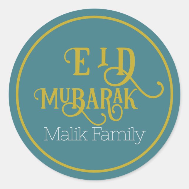 Eid Mubarak Turquoise Colour Plain Personalized Classic Round Sticker (Front)