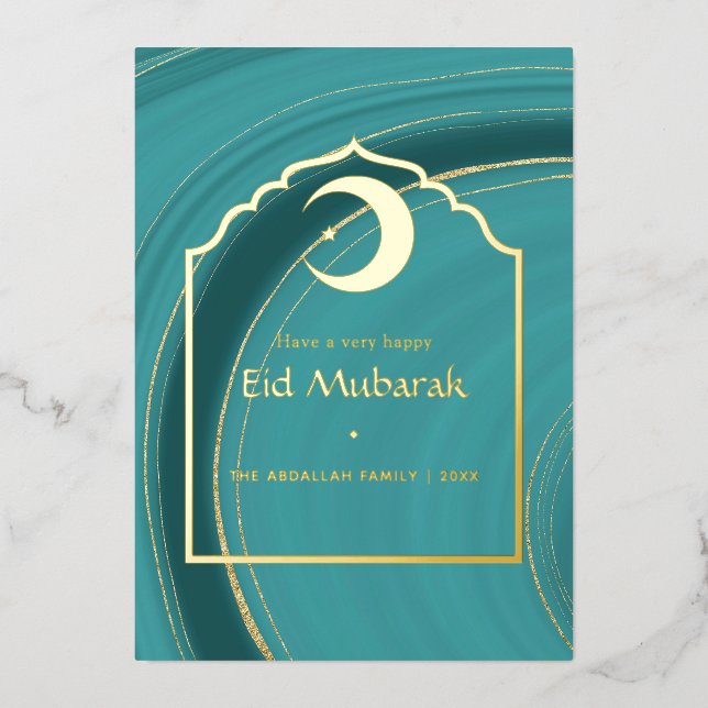 Eid Mubarak Turquoise - Teal and Gold Agate Foil H Holiday Card (Front)