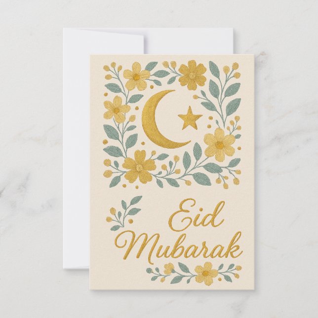 Eid Mubarak - White and Gold Mosque Flowers Invitation (Front)
