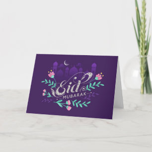 Eid mubarak with flowers mosques and moon holiday card