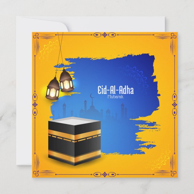 EidulAdha Islamic Lantern Mosque Blue Yellow  Holiday Card (Front)