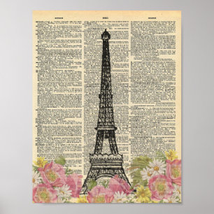 Eifel tower flowers vintage dictionary pager poster