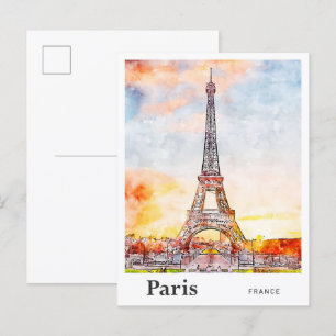 Eiffel Paris France Watercolor Sketch Hand Drawn Postcard