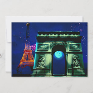 Eiffel Tower and Arc de Triomphe with moon