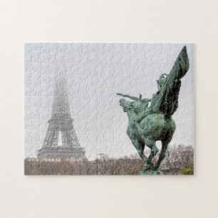 Eiffel Tower and Bir-hakeim statue on a misty day Jigsaw Puzzle