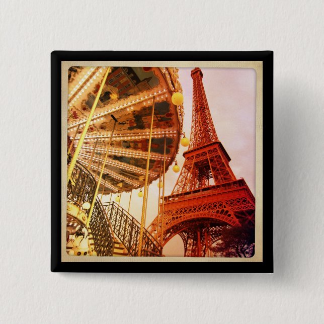 Eiffel Tower and Carrousel 2 Inch Square Button (Front)