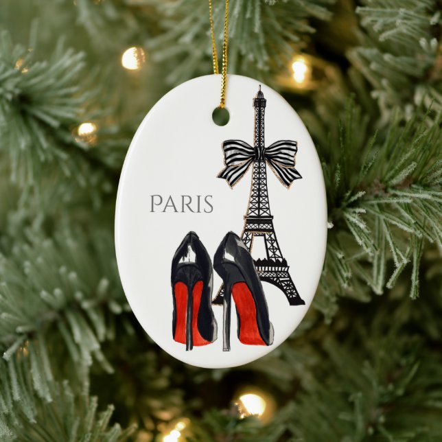 Eiffel Tower and High Heels Red, Black Christmas Ceramic Ornament (Tree)