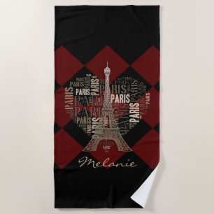 Eiffel Tower and Inscriptions Paris in Heart Beach Towel