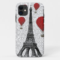 Eiffel Tower and Red Hot Air Balloons