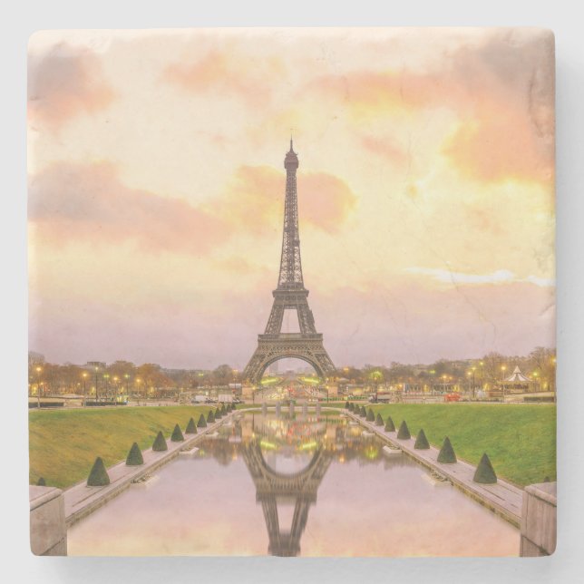 Eiffel Tower at Sunrise from Trocadero Fountains Stone Coaster (Front)