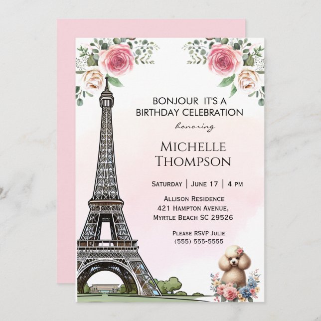 Eiffel Tower Birthday Paris France Floral  Invitation (Front/Back)