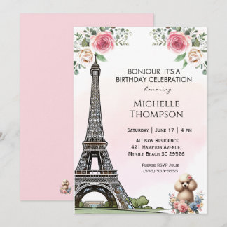Eiffel Tower Birthday Paris France Floral  Invitation