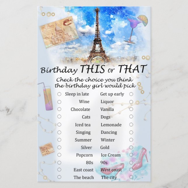 Eiffel tower Birthday this or that game (Front)