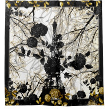 Eiffel Tower Black Gold Floral Birds Trees