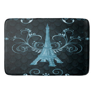 Eiffel Tower Blue Floral Swirls Bath Mat