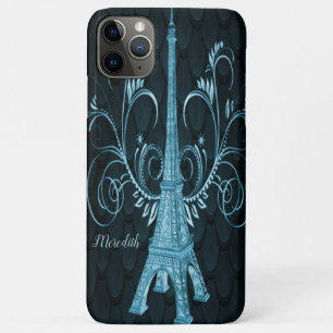 Eiffel Tower Blue Floral Swirls iPhone 11 Pro Max Case