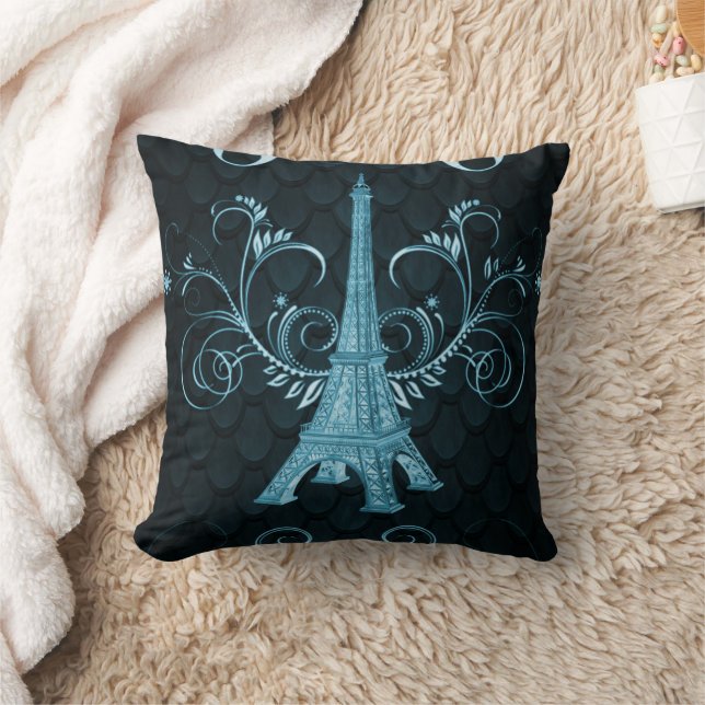 Eiffel Tower Blue Floral Swirls Pillow (Blanket)