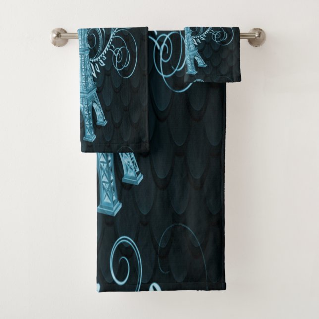 Eiffel Tower Blue Floral Swirls Towel Set (Insitu)
