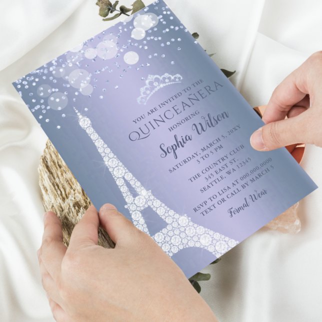 Eiffel Tower Blue Sparkle Glitter Quinceañera Invitation (Creator Uploaded)