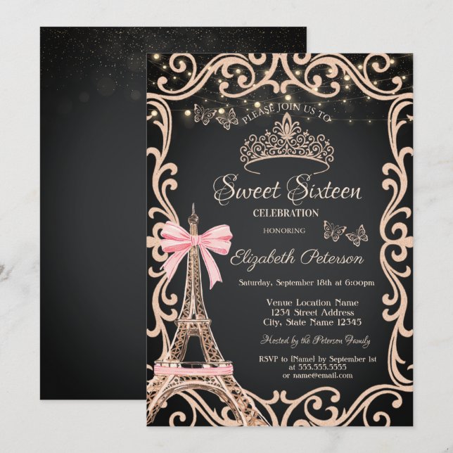 Eiffel Tower Bow Frame Dress Butterfly Sweet 16 Invitation (Front/Back)