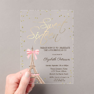 Eiffel Tower Bow Gold Diamonds Black Sweet 16  Acrylic Invitations