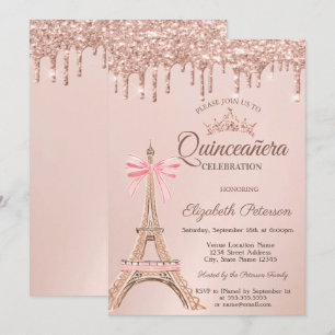  Eiffel Tower,Bow Rose Gold Drips Quinceañera  Invitation