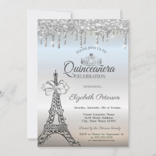 Eiffel Tower,Bow,Tiara,Drips Silver Quinceañera Invitation