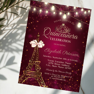  Eiffel Tower,Bow,Tiara Lights Red Quinceañera  Invitation