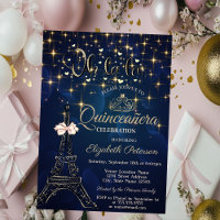 Eiffel Tower,Bow Tiara,Stars Navy Blue Quinceañera