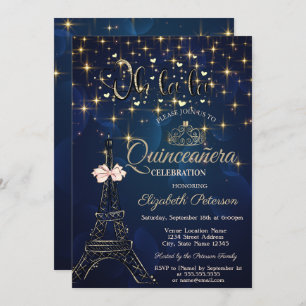 Eiffel Tower,Bow Tiara,Stars Navy Blue Quinceañera Invitation