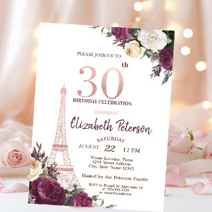 Eiffel Tower Burgundy Flowers 30th Birthday Invitation