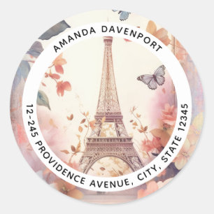 Eiffel Tower Butterflies and Flowers Address Classic Round Sticker