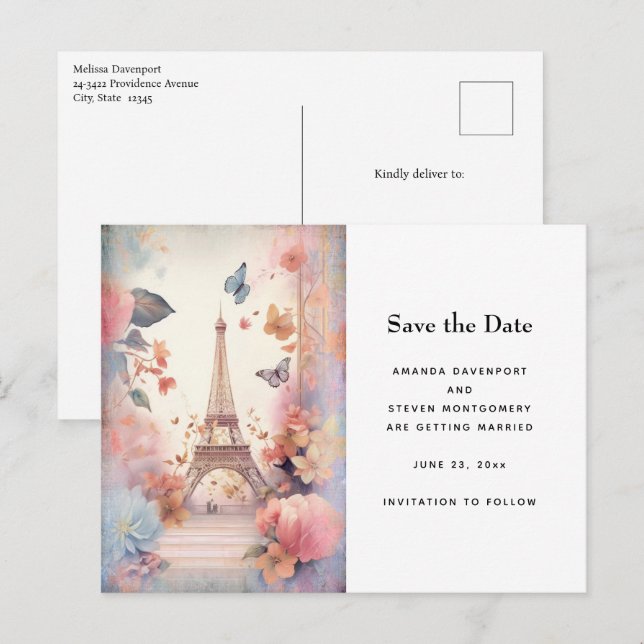 Eiffel Tower Butterflies and Flowers Announcement Postcard (Front/Back)