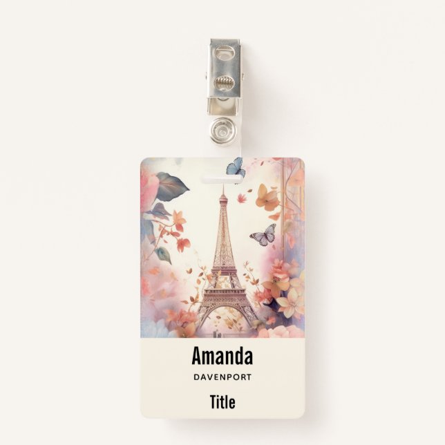 Eiffel Tower Butterflies and Flowers Badge (Front with Clip)
