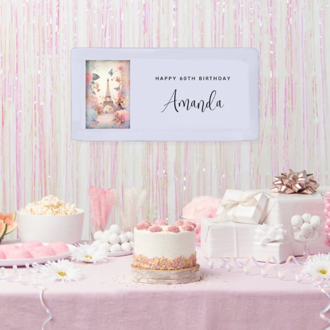Eiffel Tower Butterflies and Flowers Birthday Banner (Party)