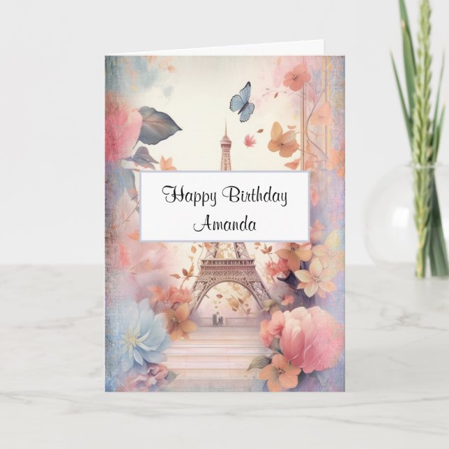 Eiffel Tower Butterflies and Flowers Birthday Card (Front)