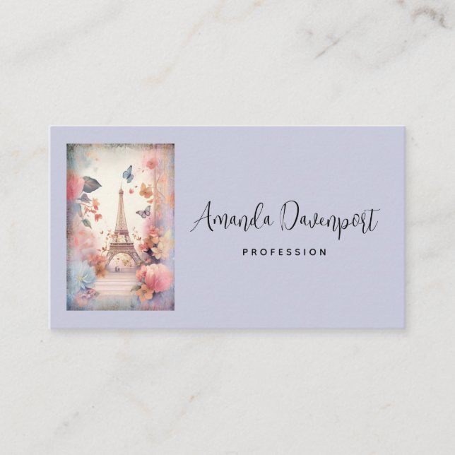 Eiffel Tower Butterflies and Flowers Business Card (Front)