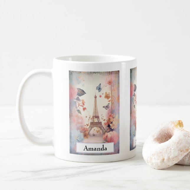 Eiffel Tower Butterflies and Flowers Coffee Mug (With Donut)